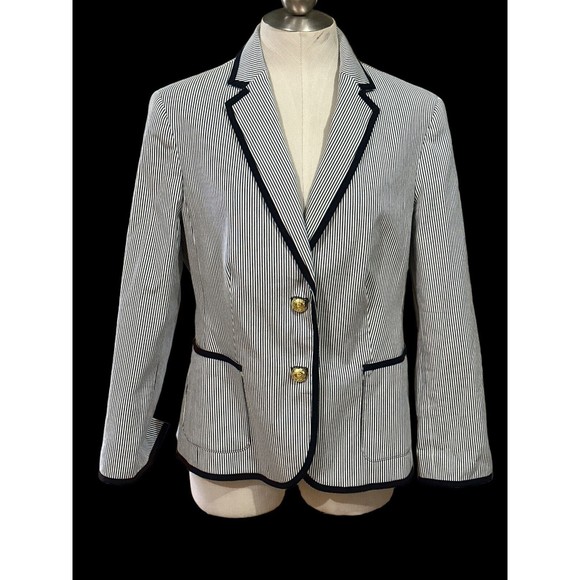Jones New York Seersucker Blazer‎ Signature womens Size 4P Petite Striped Cuffed - Picture 1 of 4